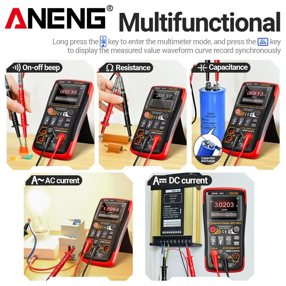 2-in-1 Thermal Imaging Multimeter – 1000V, 25000 Counts, USB-C Rechargeable, 2.4" TFT Display