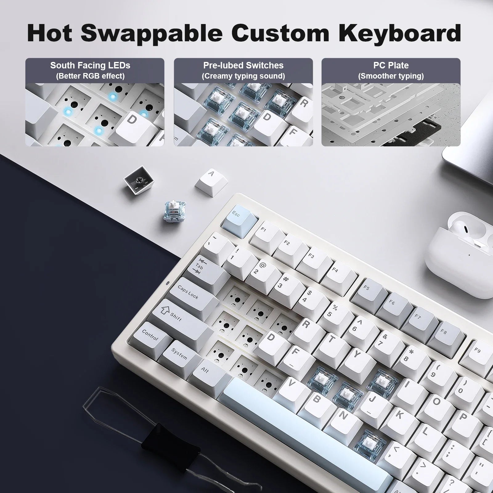 Wireless Mechanical Gaming Keyboard with Smart LCD Display White