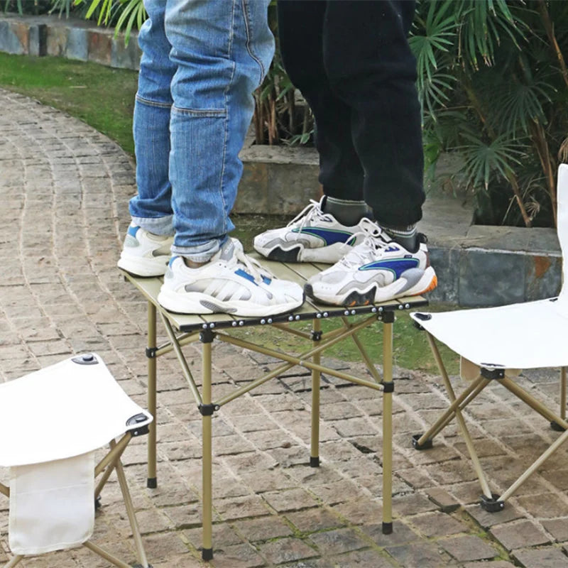 Foldable Outdoor Camping Table with Storage Shelf Golden