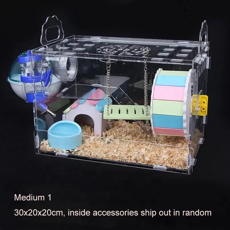 Transparent Hamster House with Accessories and LED Light – Beige