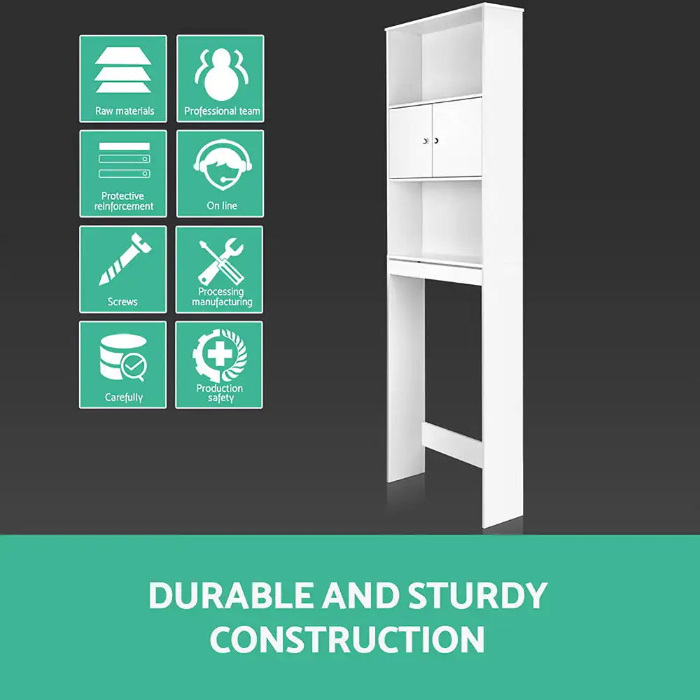 Over Toilet Storage Cabinet – White MDF Bathroom Shelf with Cupboard & Open Shelves