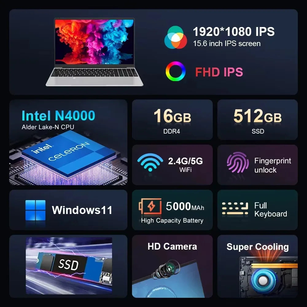 15.6" Windows 11 Pro Laptop with 16GB RAM, 256GB SSD & Full HD IPS Display