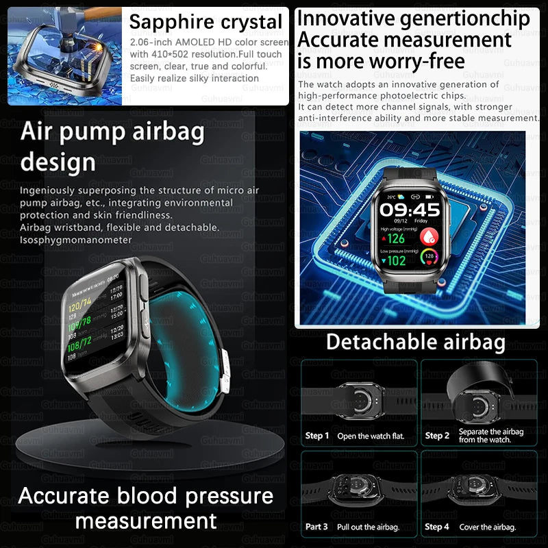 2.06" AMOLED Smart Watch with ECG, Temp & SpO2 Blue Air Pump Strap, IP68, 12-Day Battery