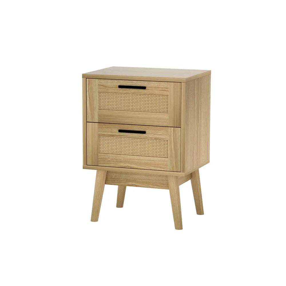 1. 2-Drawer Rattan Bedside Table with Open Shelf & Solid Wood Legs – 54cm Height