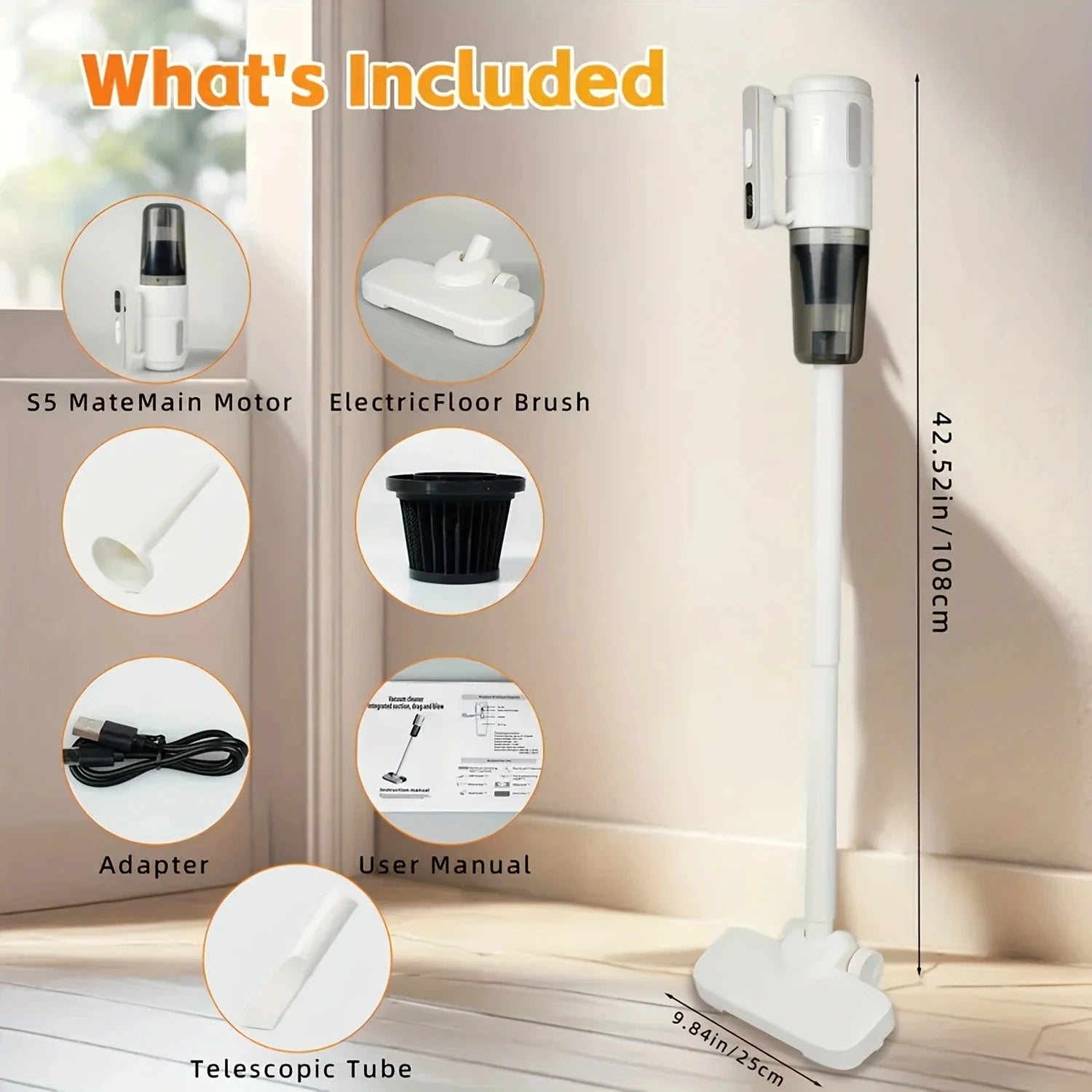 2-in-1 Cordless Vacuum Cleaner with Rotating Brush, HEPA Filtration, 30-Min Runtime