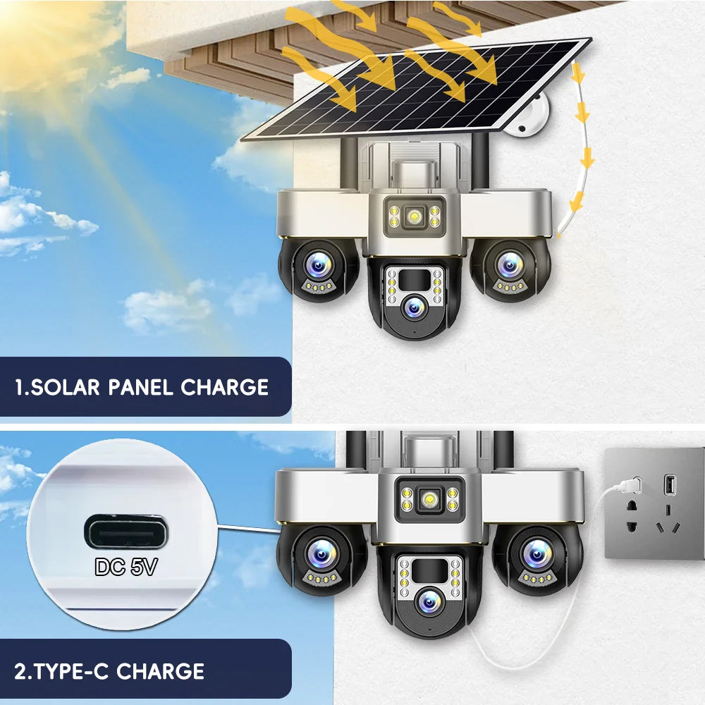 Outdoor 4G Rechargeable Solar Camera 15MP HD Triple Lens with Motion Tracking & Zoom