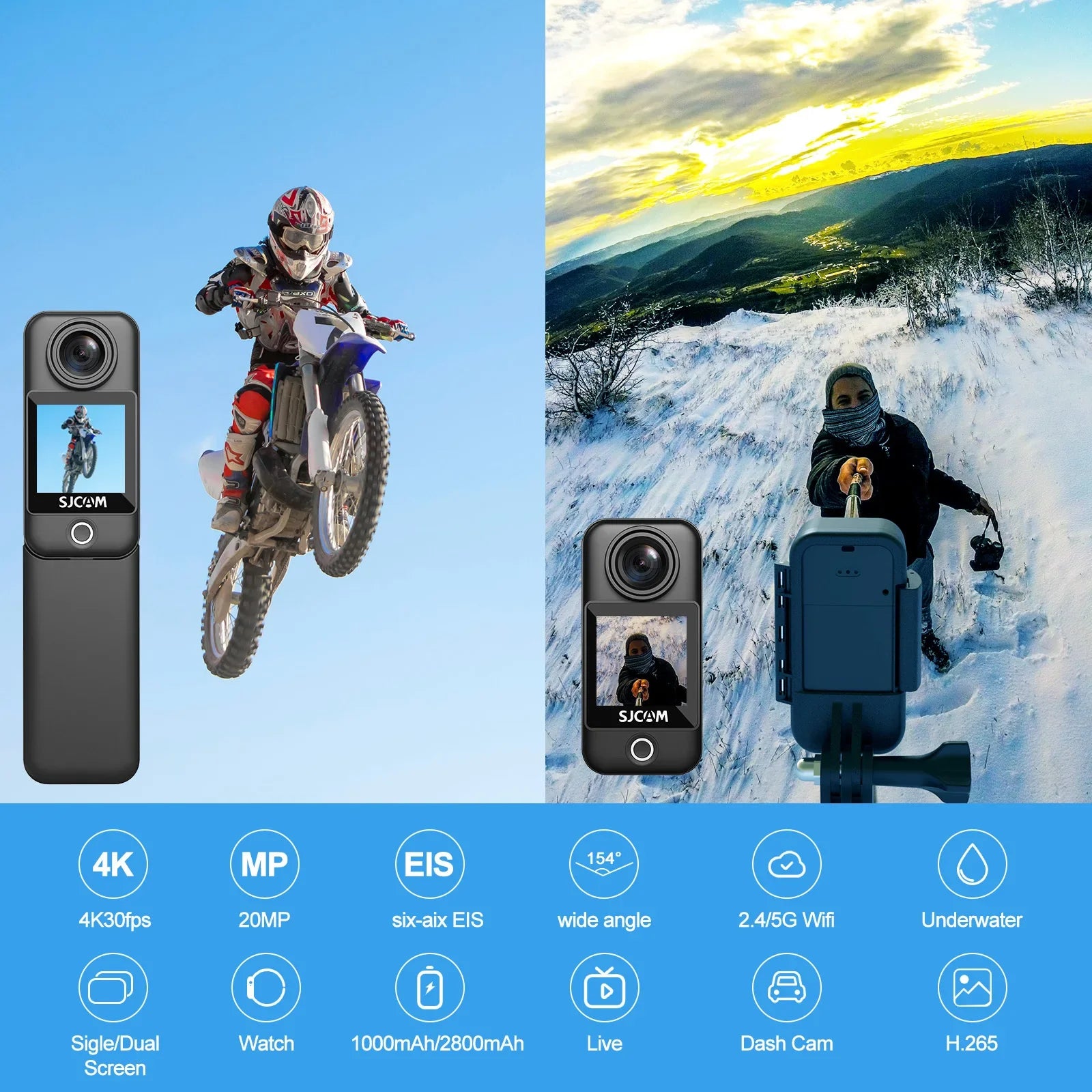 White C300 4K Action Cam with Dual Screen Waterproof