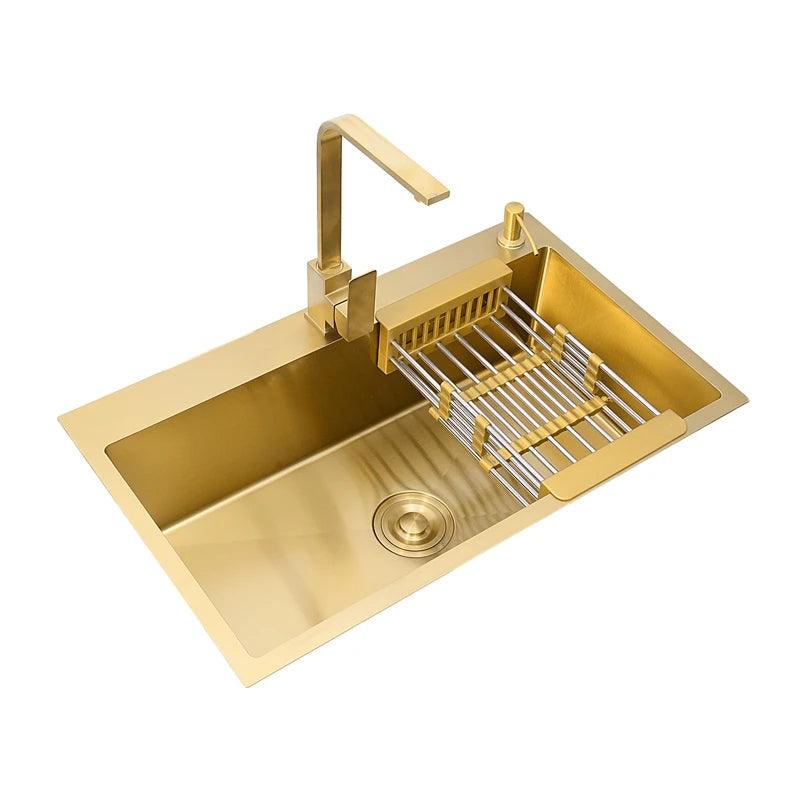 Gold Stainless Steel Kitchen Sink with Soap Dispenser and Drainer