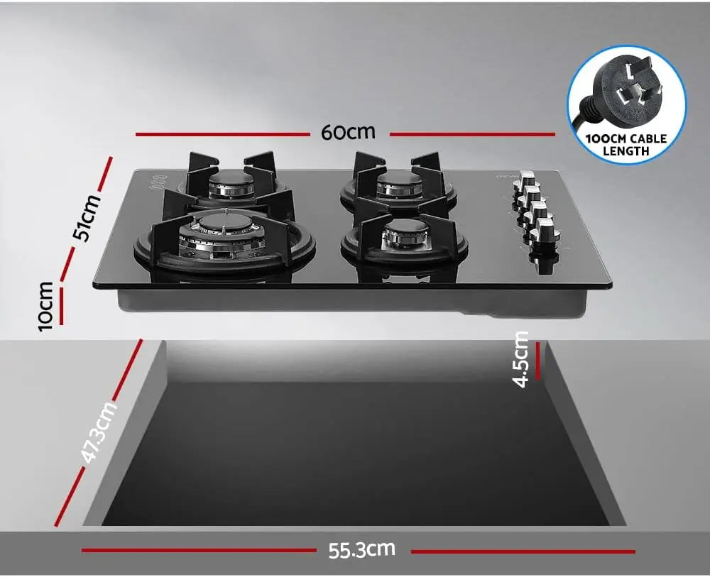 60cm 4-Burner Gas Cooktop with Wok Burner & Knob Controls for Home Kitchen