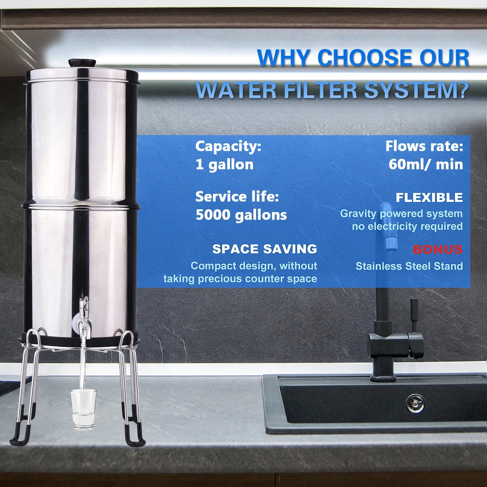Portable 1 Gallon Stainless Steel Water Purifier for Home, Camping & Emergency Use