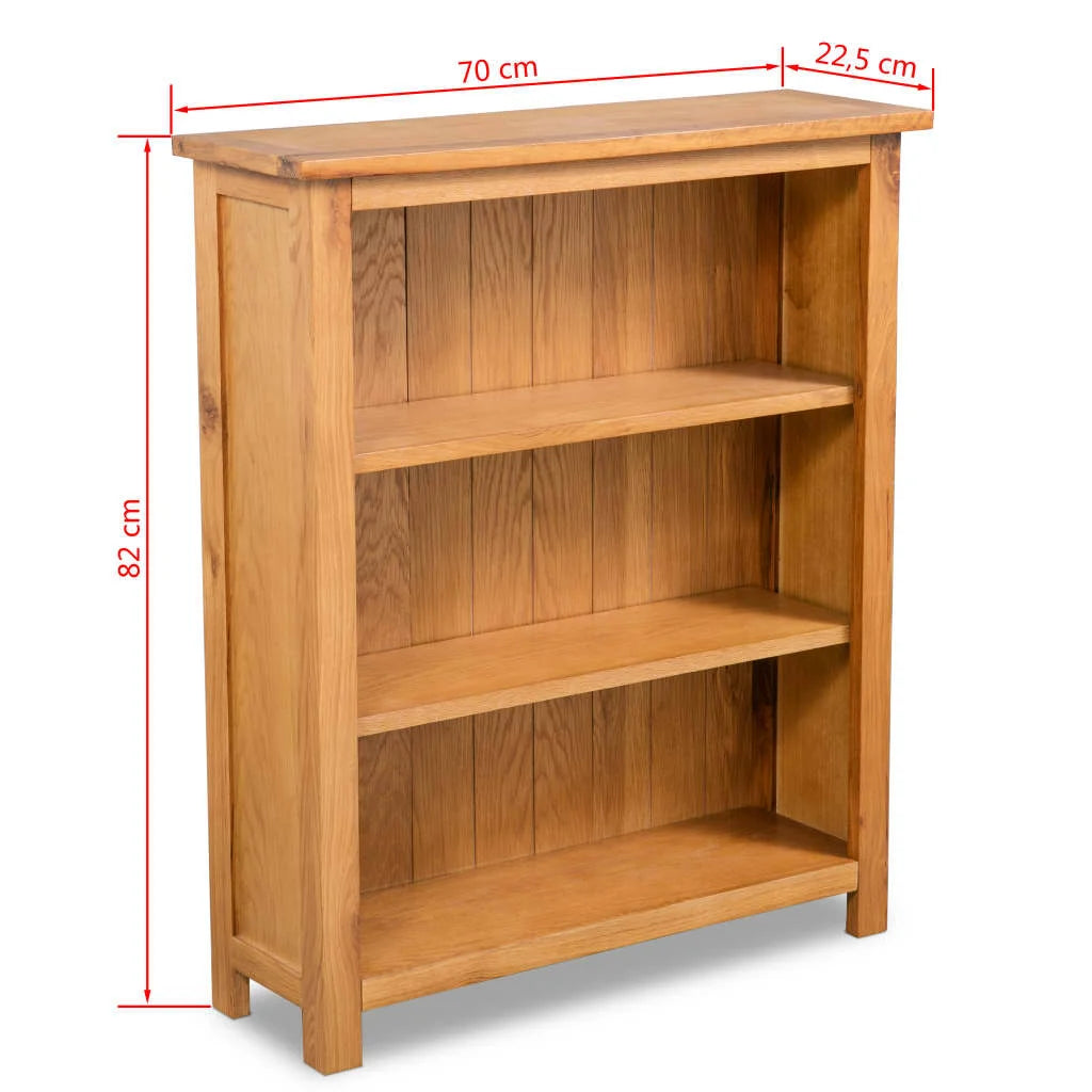 3-Tier Solid Oak Bookcase 70cm – Rustic Wooden Shelf Unit for Living Room or Study