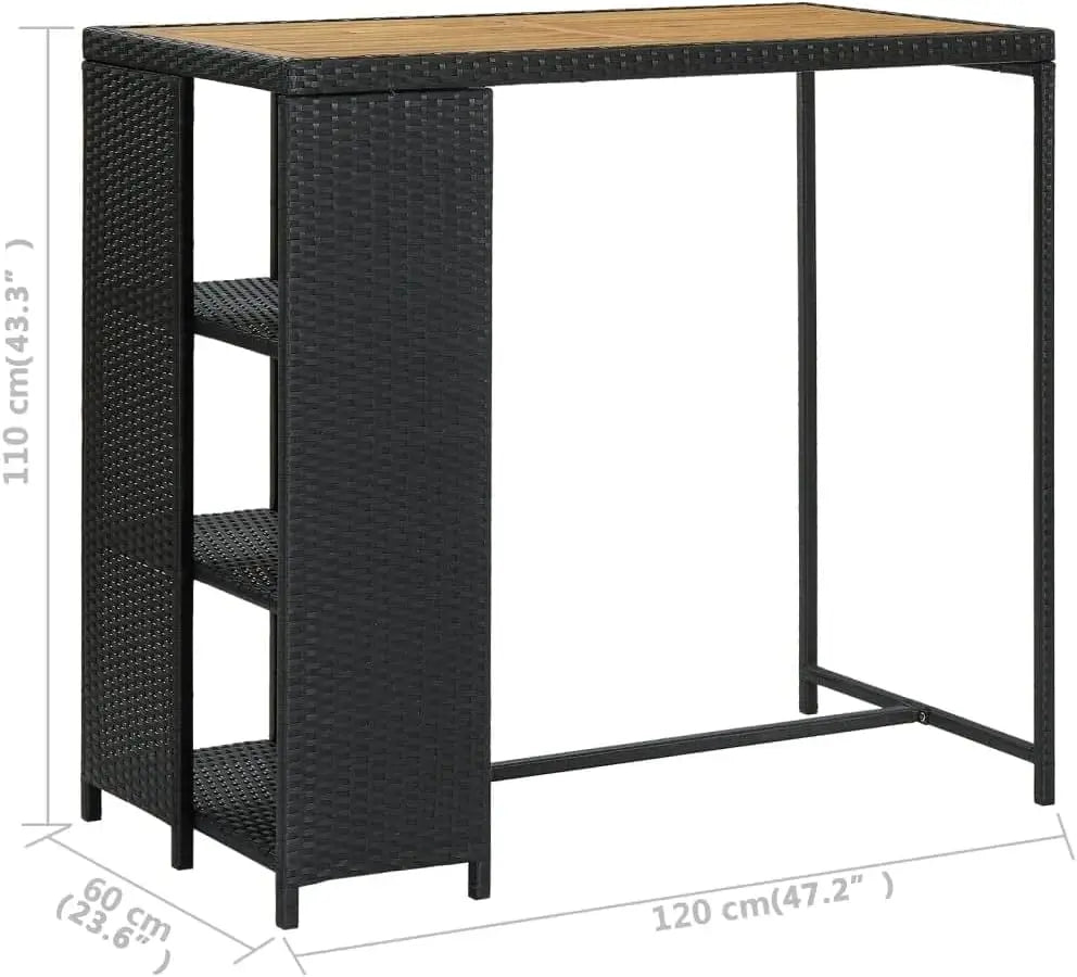 Outdoor Bar Table with 3-Tier Storage Rack – Black Rattan & Acacia Wood Top