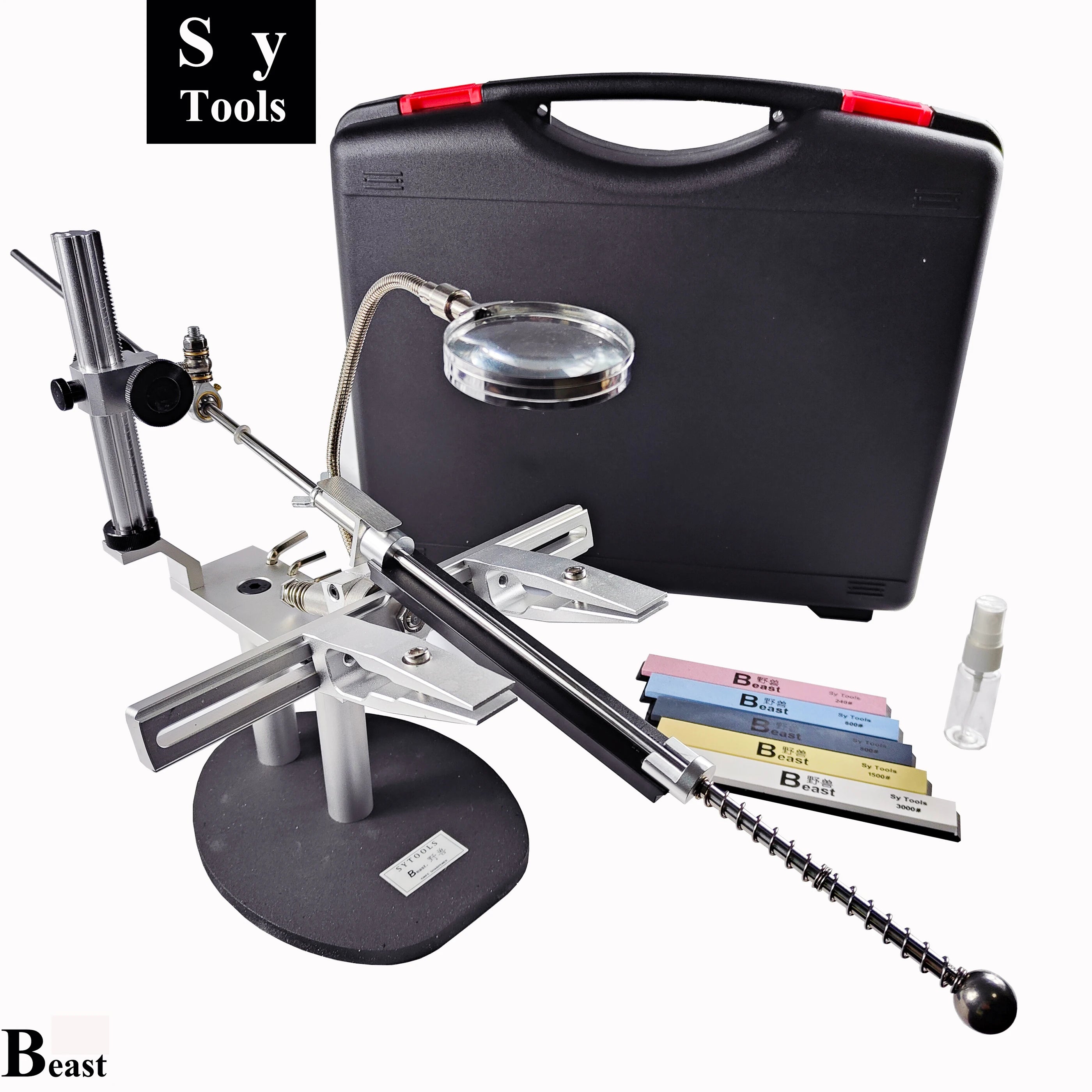 Multi-Angle Kitchen & Outdoor Knife Sharpener with Aluminum Clamp and Magnifying Glass