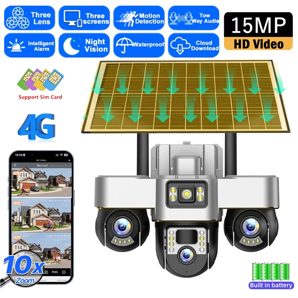 Outdoor 4G Rechargeable Solar Camera 15MP HD Triple Lens with Motion Tracking & Zoom