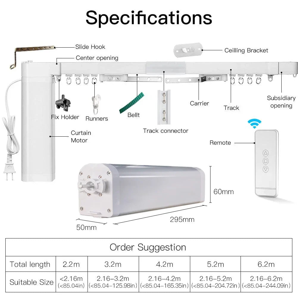 2.16 m Smart WiFi Curtain Track – RF Remote & Touch Motion