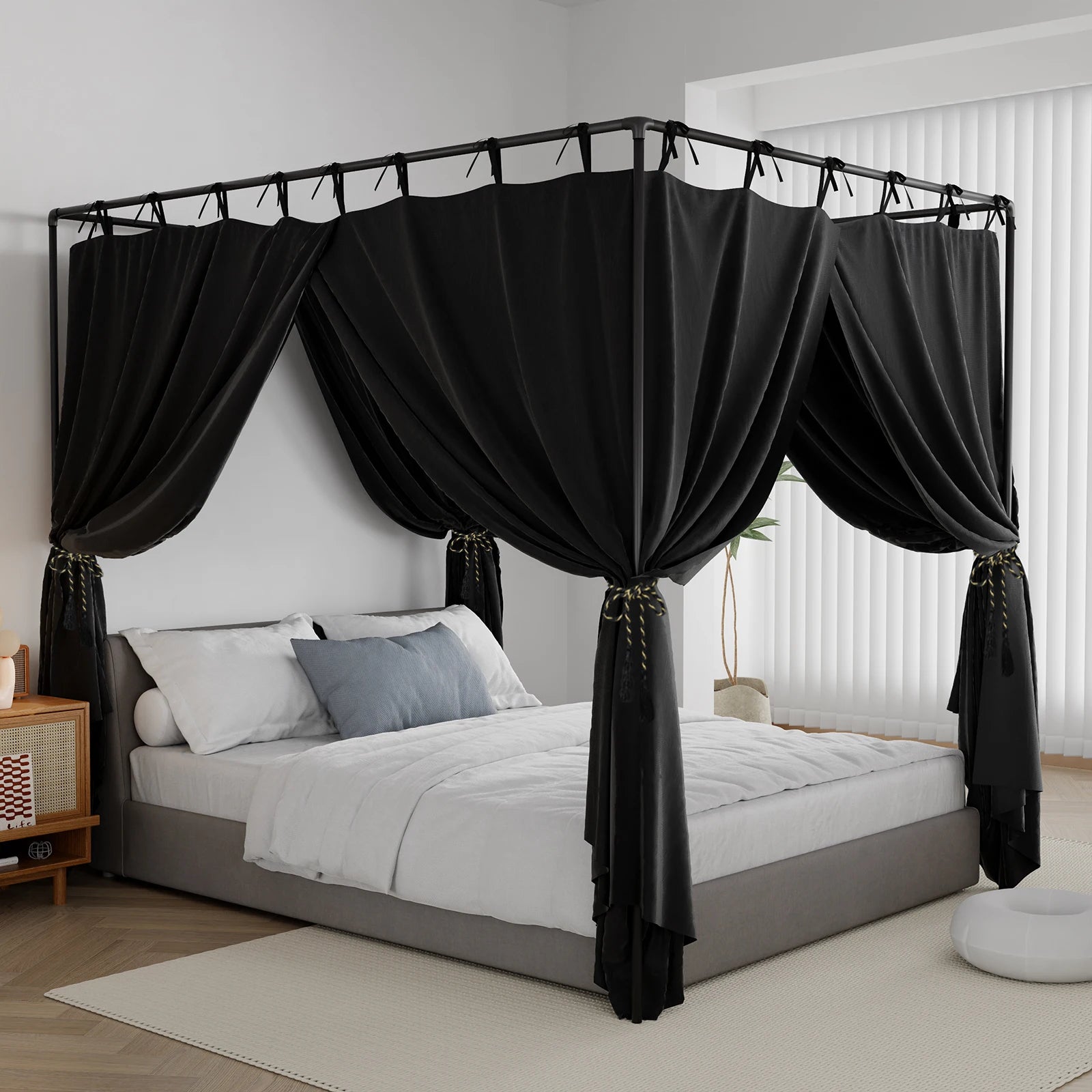 Black 152x203x190cm Bed Canopy Curtains Breathable, Lightproof 4-Panel Set with Full Coverage Design