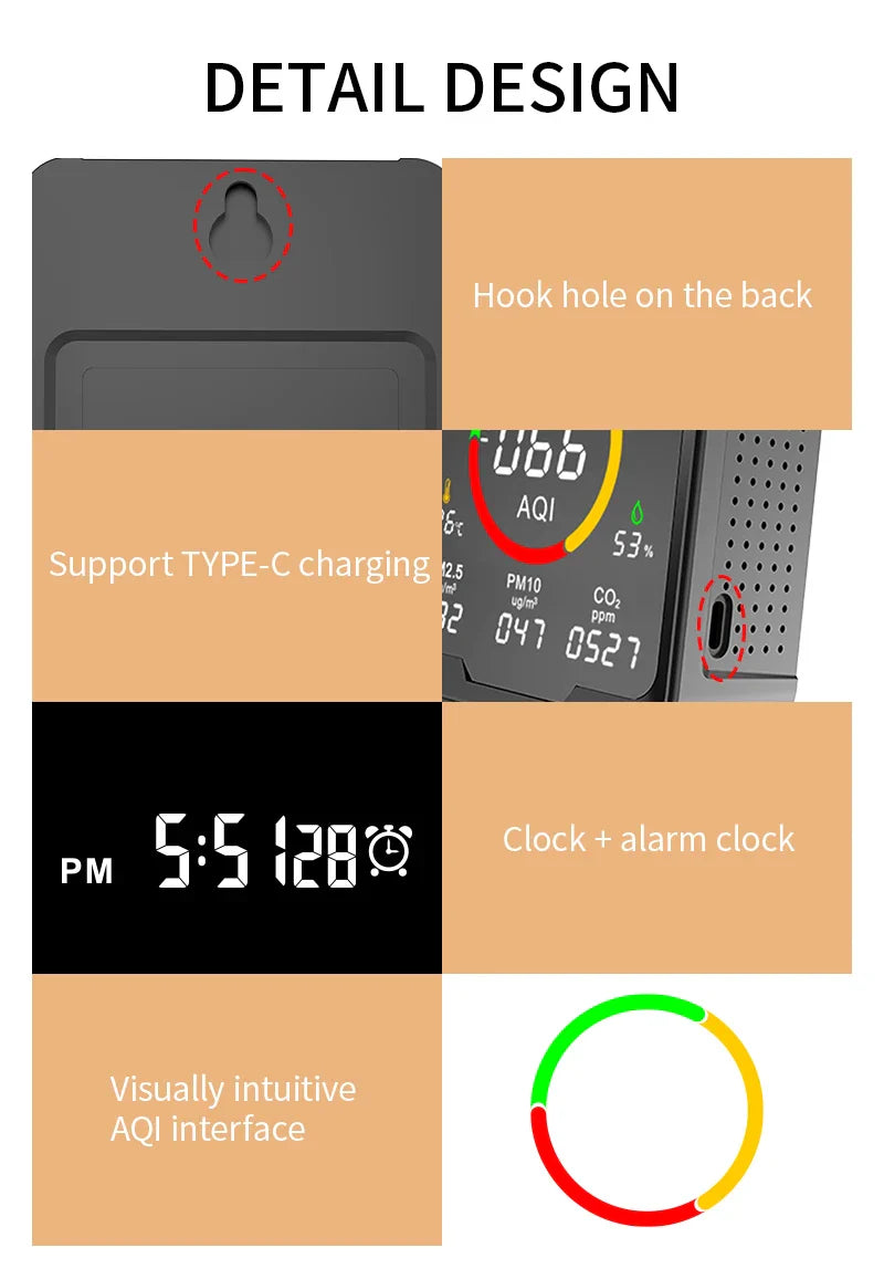 Smart WiFi 6-in-1 Air Quality Monitor with LCD - PTH-9AW