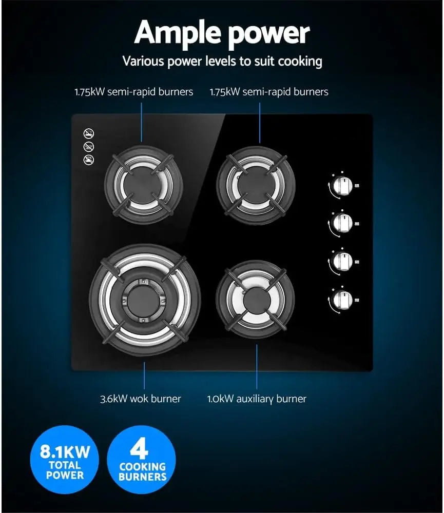 60cm 4-Burner Gas Cooktop with Wok Burner & Knob Controls for Home Kitchen