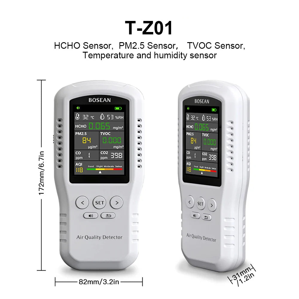 Smart Home Air Quality Detector – PM2.5, TVOC, Formaldehyde, LCD Display