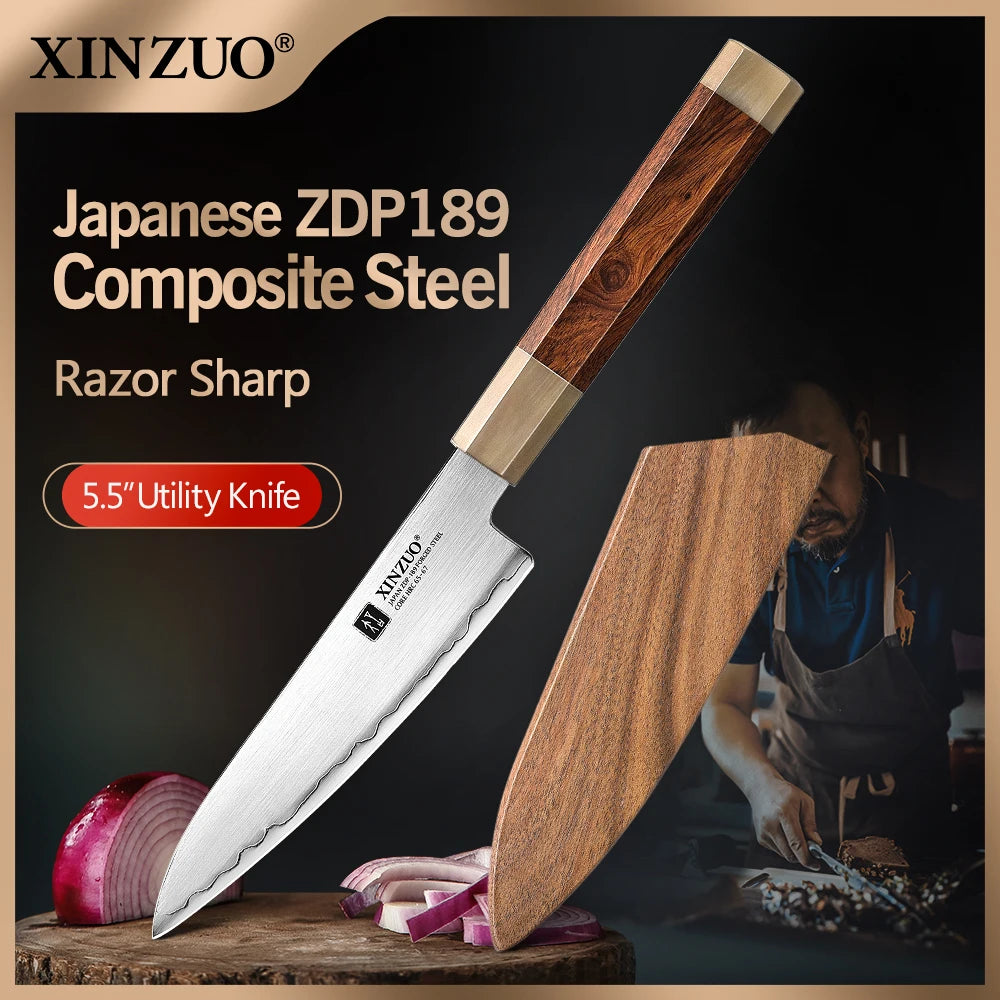 5.5-Inch Utility Kitchen Knife ZDP-189 Steel Blade with Desert Ironwood Handle & Gift Box