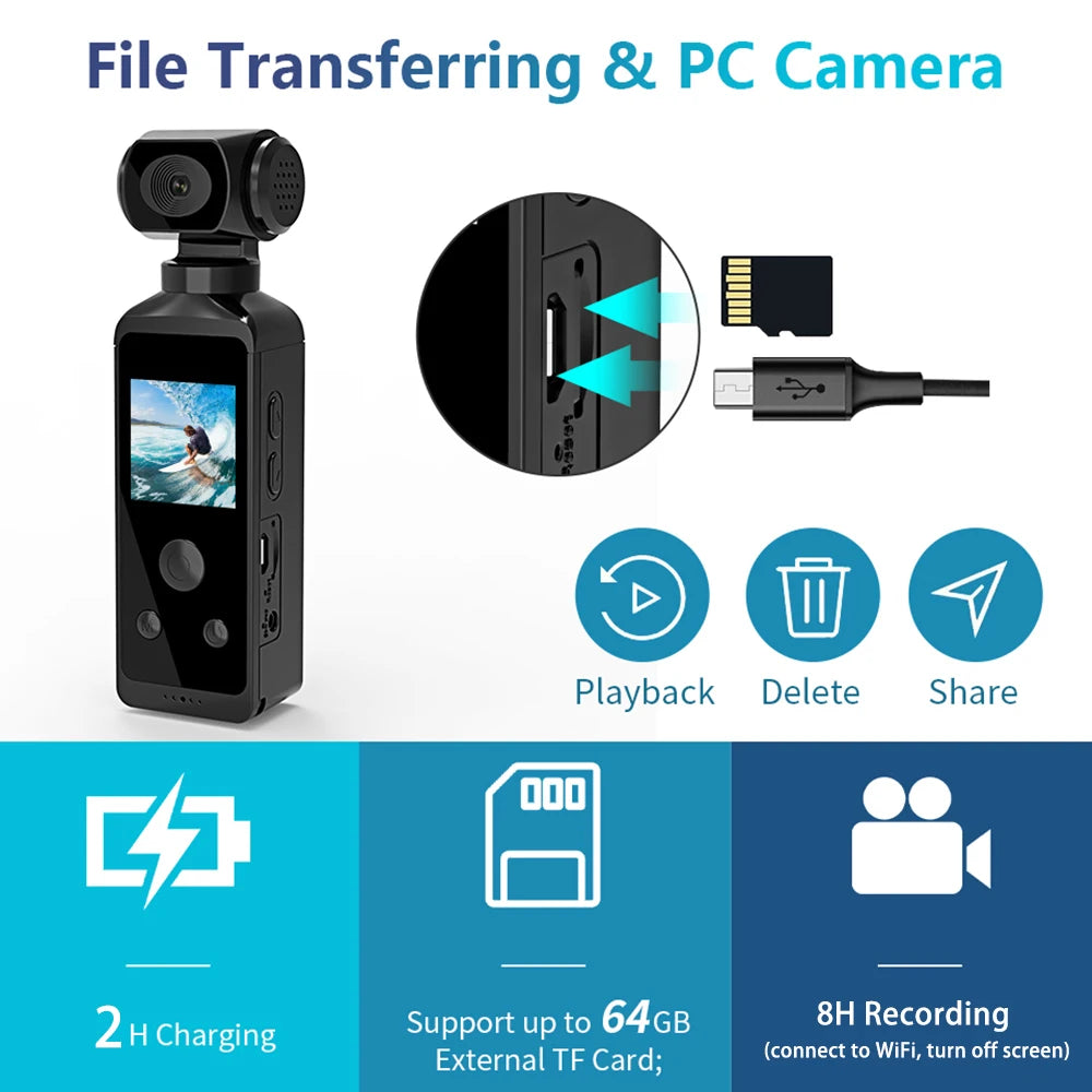 Rechargeable 4K Action Cam Compact Gimbal Recorder with WiFi, Mic, 270° Rotation Black