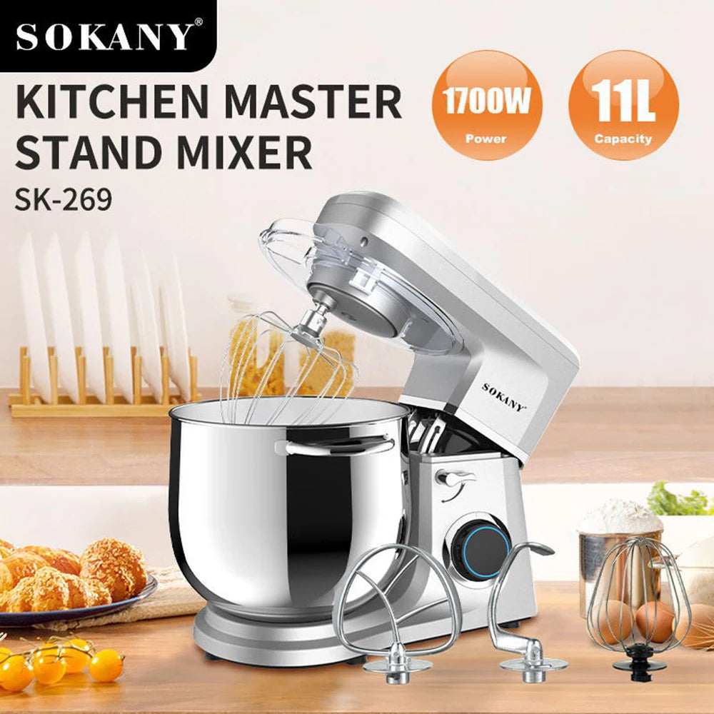 11L Stainless Steel Stand Mixer with Whisk, Dough Hook & 6 Speed Settings – 1700W