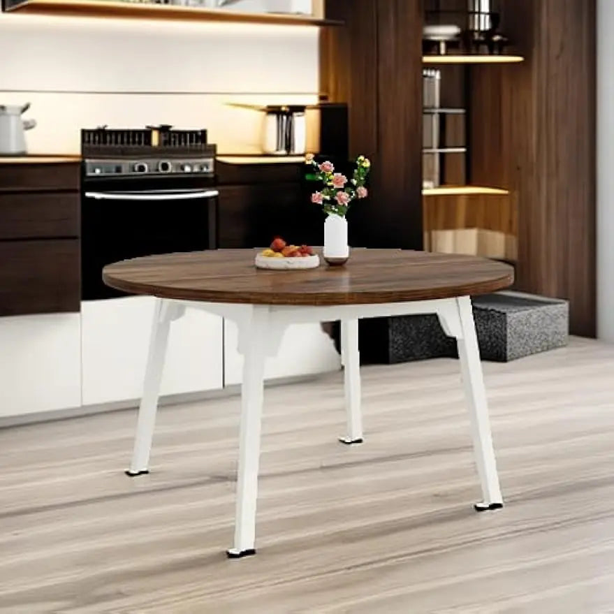 47-Inch Round Kitchen Table with Solid Wood Legs Rustic Brown & White