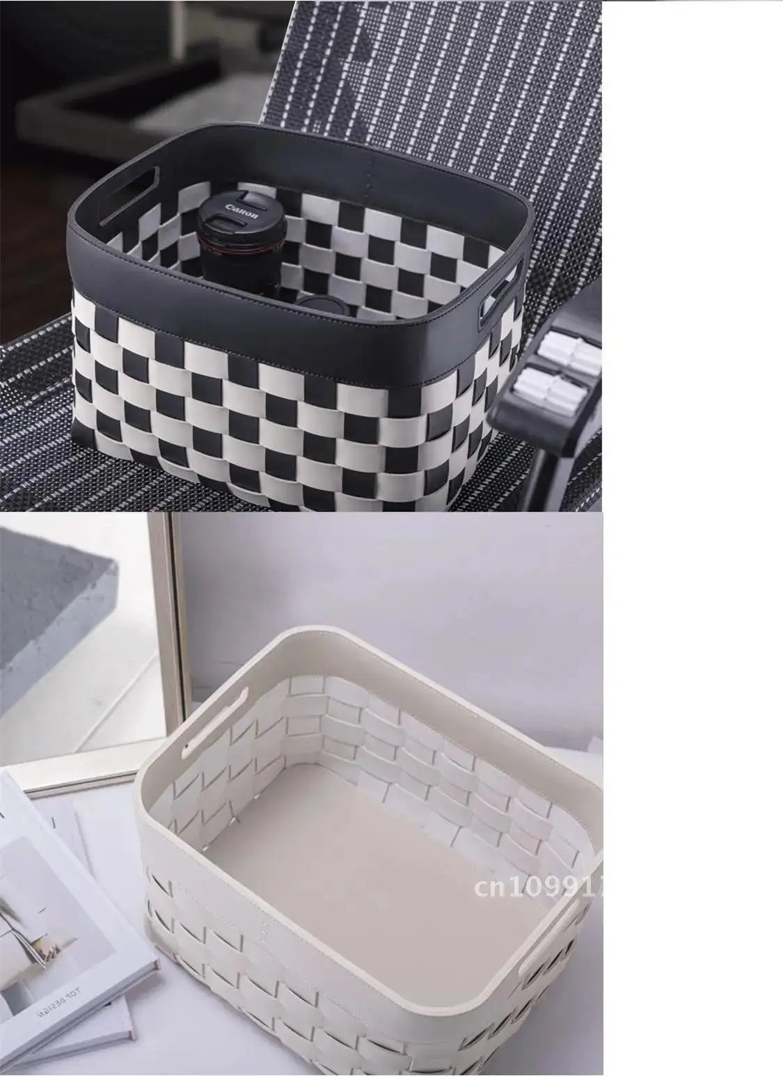 12L Leather Woven Storage Basket Round, Foldable & Soft Interior style4