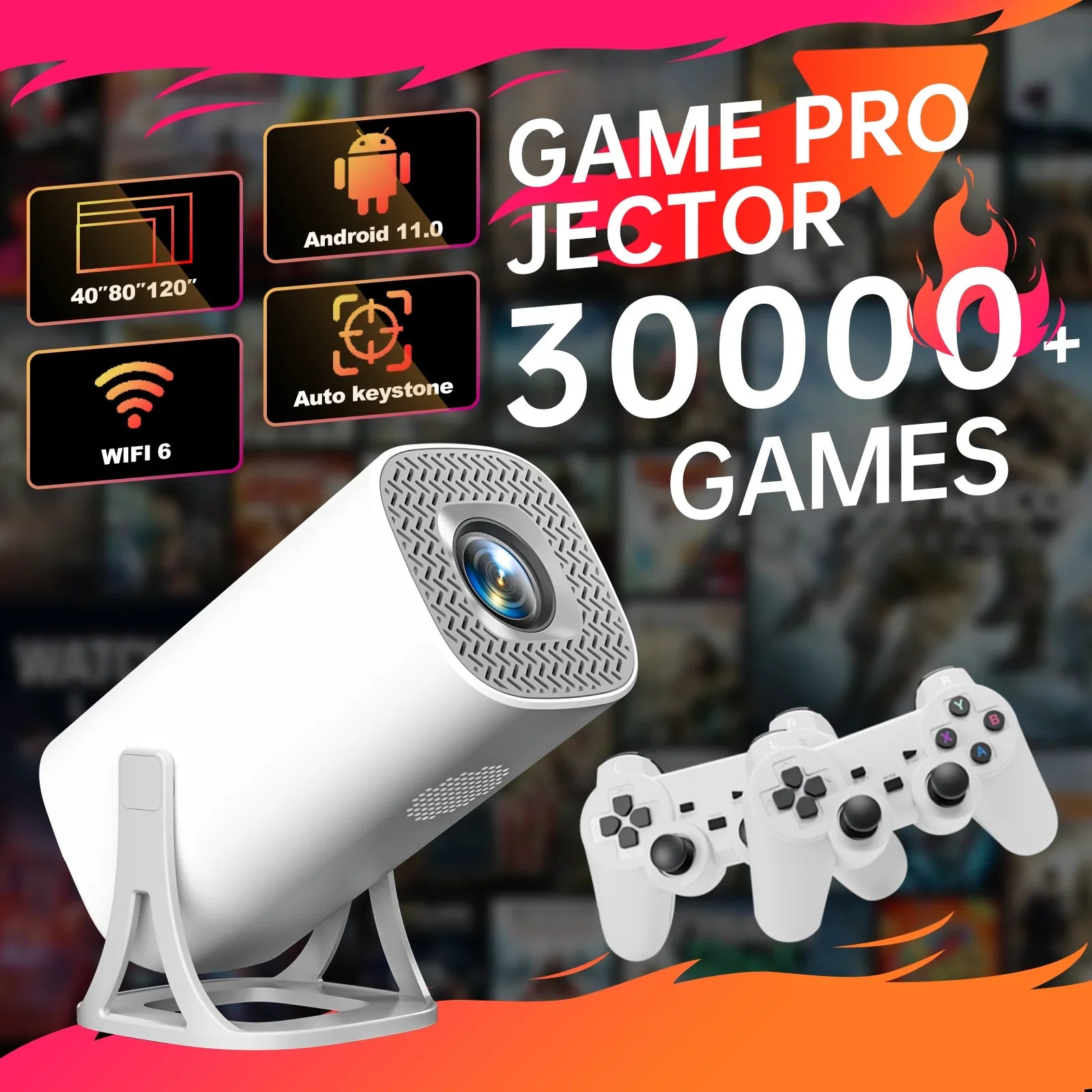Wireless HD Gaming Projector with Controllers, 64GB Card & WiFi