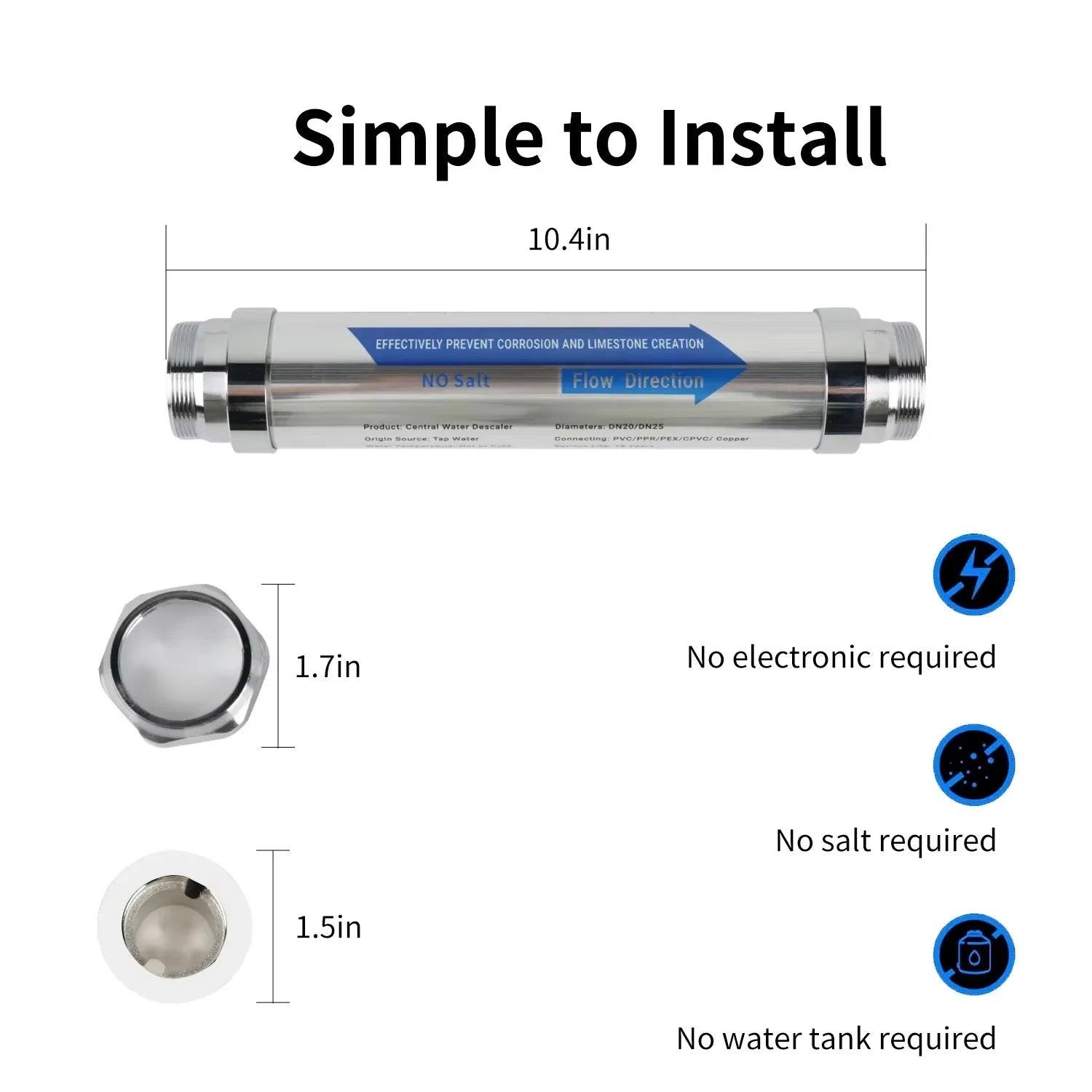 Salt-Free Whole Home Water Descaler with G3/4" Connectors for Limescale Prevention