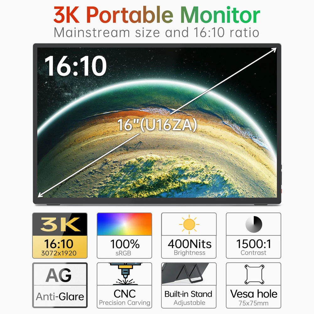 16" 3K Touchscreen Portable Monitor with USB-C and HDMI