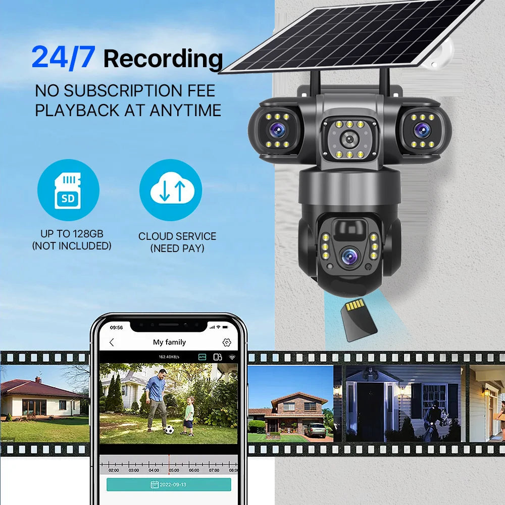 4G Solar-Powered Outdoor Security Camera with Triple Lens and 32G Storage