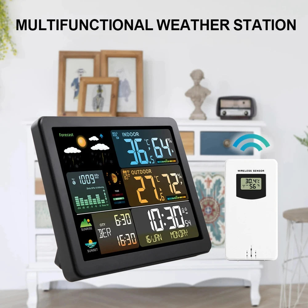 Digital Weather Station Clock A1 – Indoor/Outdoor Temperature & Humidity Monitor with Sunrise/Sunset, Tide, Dual Alarms