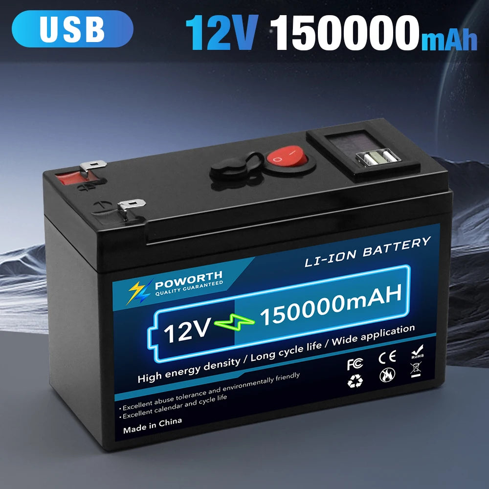 Portable 12V 150Ah Deep Cycle Lithium Battery Built-in Smart BMS for Solar, RV, Marine & Home Energy