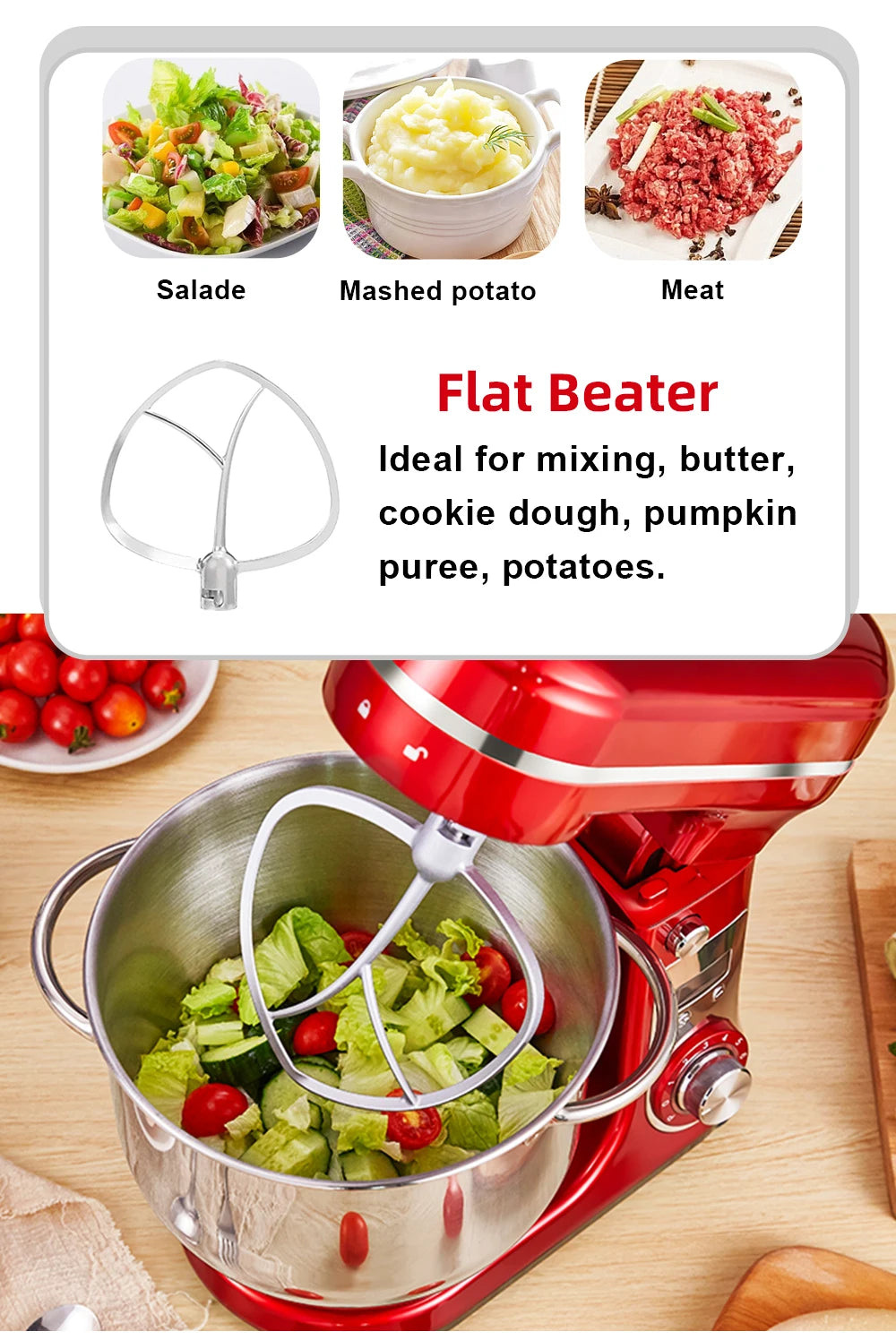 Red 1200W Kitchen Stand Mixer 6L, 6-Speed, Quiet Motor