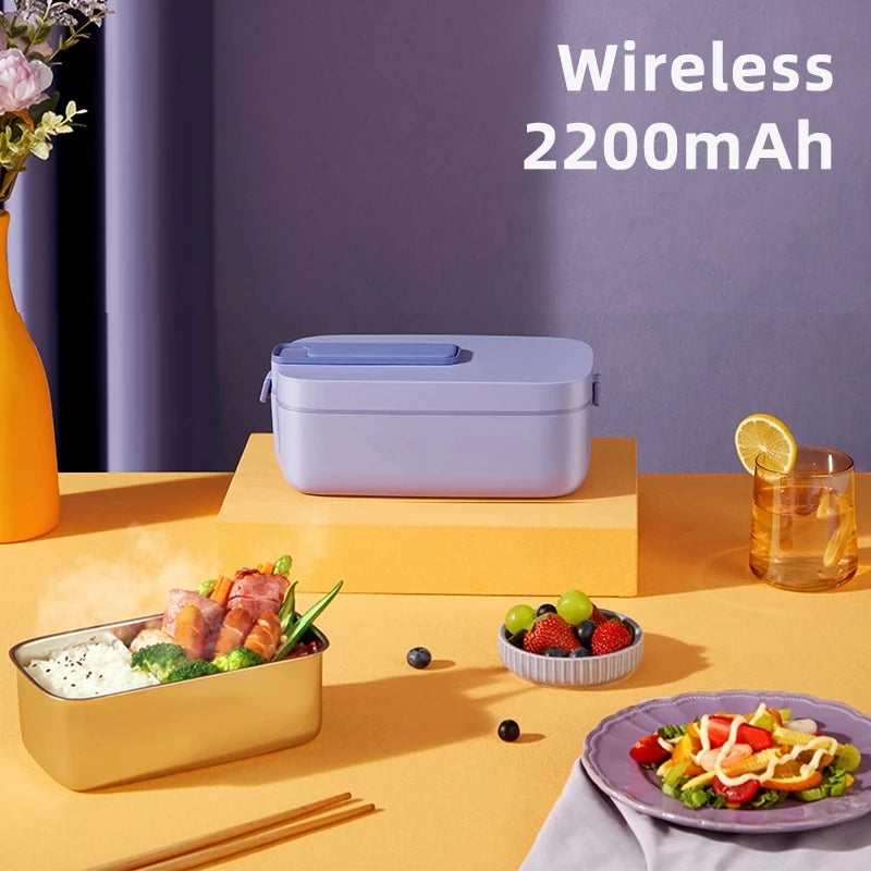 1L Portable Electric Lunch Box with Stainless Steel Liner and Wireless Food Warmer
