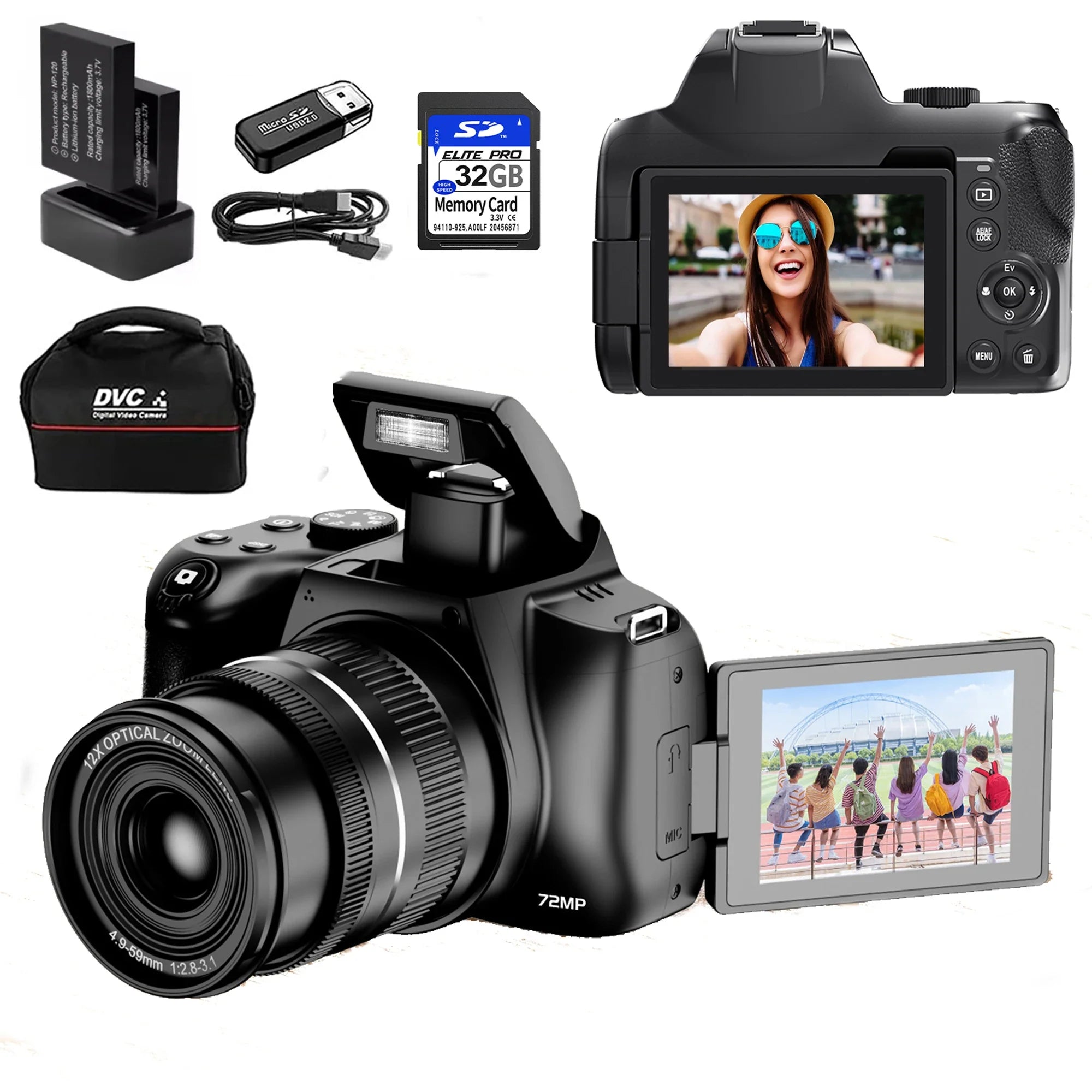 12X Optical Zoom 4K Vlogging Camera with Auto Focus 128GB SD Card