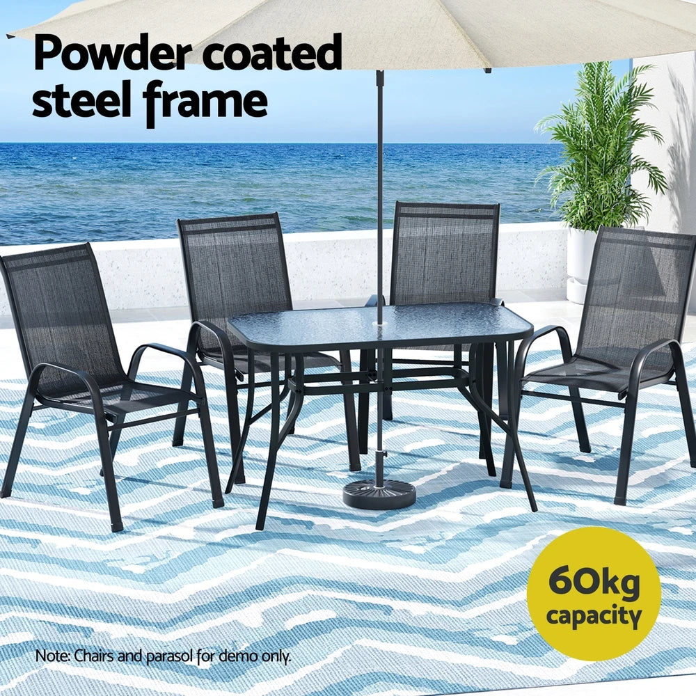 Outdoor Glass Dining Table 120cm with Parasol Hole & Anti-Slip Feet – Black