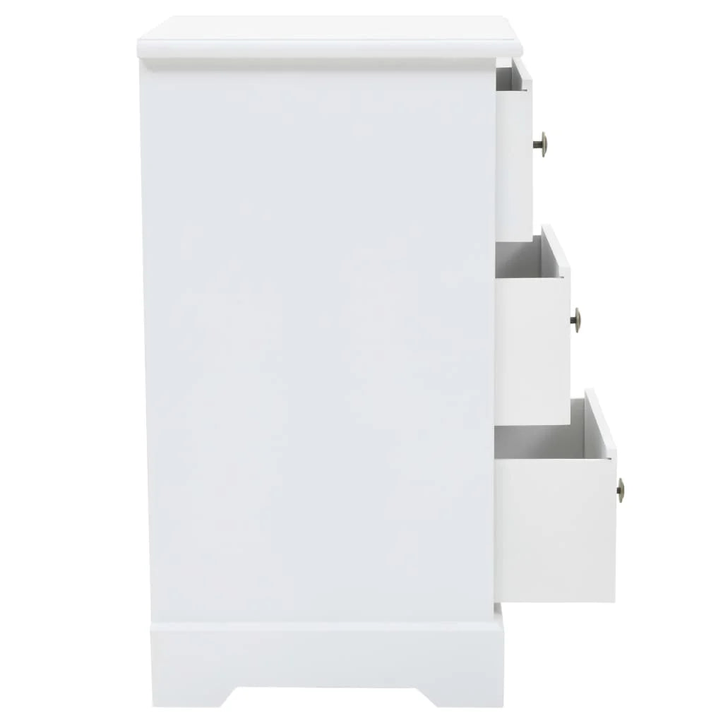White 3-Drawer Bedside Table – Compact MDF & Pine Wood Bedroom Storage
