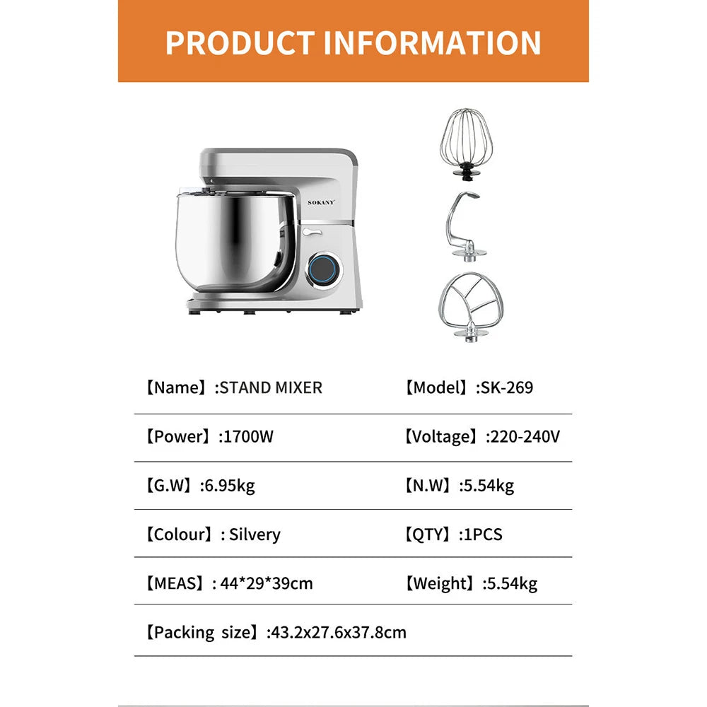 11L Stainless Steel Stand Mixer with Whisk, Dough Hook & 6 Speed Settings – 1700W
