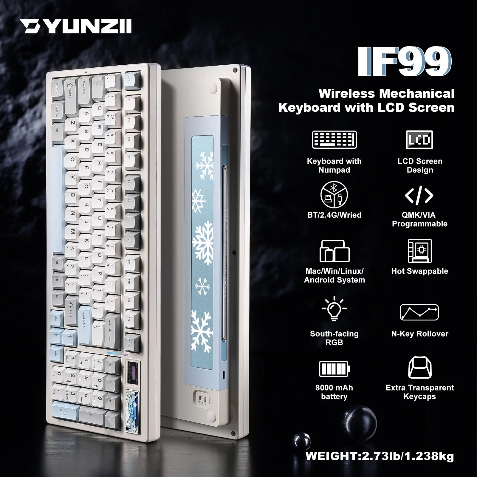 Wireless Mechanical Gaming Keyboard with Smart LCD Display White
