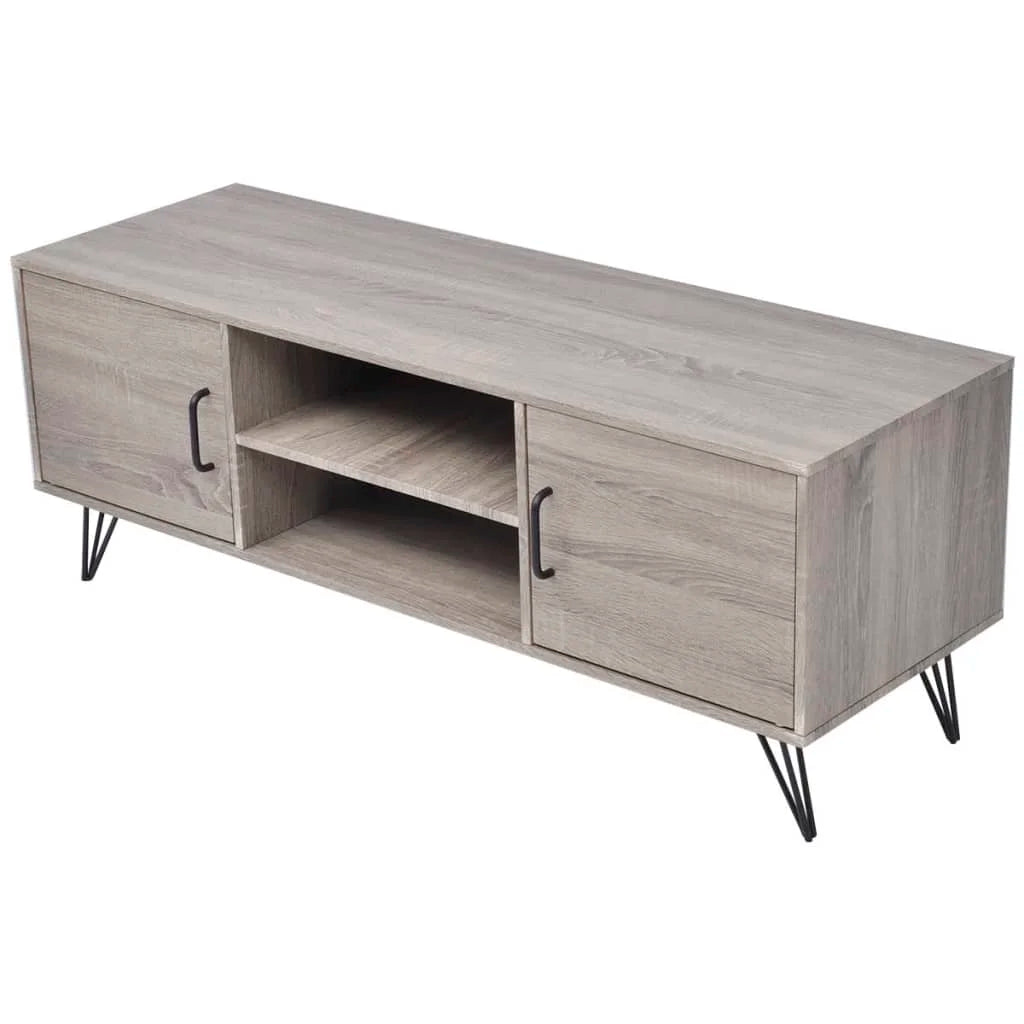 120cm Entertainment Unit – Grey MDF TV Stand with Doors, Open Shelves & Steel Legs