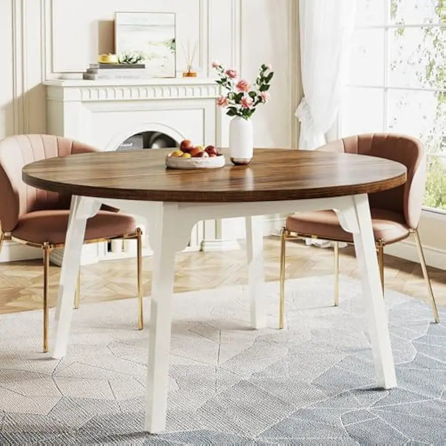 47-Inch Round Kitchen Table with Solid Wood Legs Rustic Brown & White