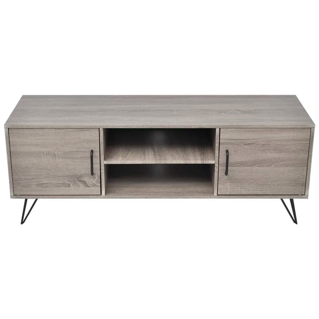 120cm Entertainment Unit – Grey MDF TV Stand with Doors, Open Shelves & Steel Legs