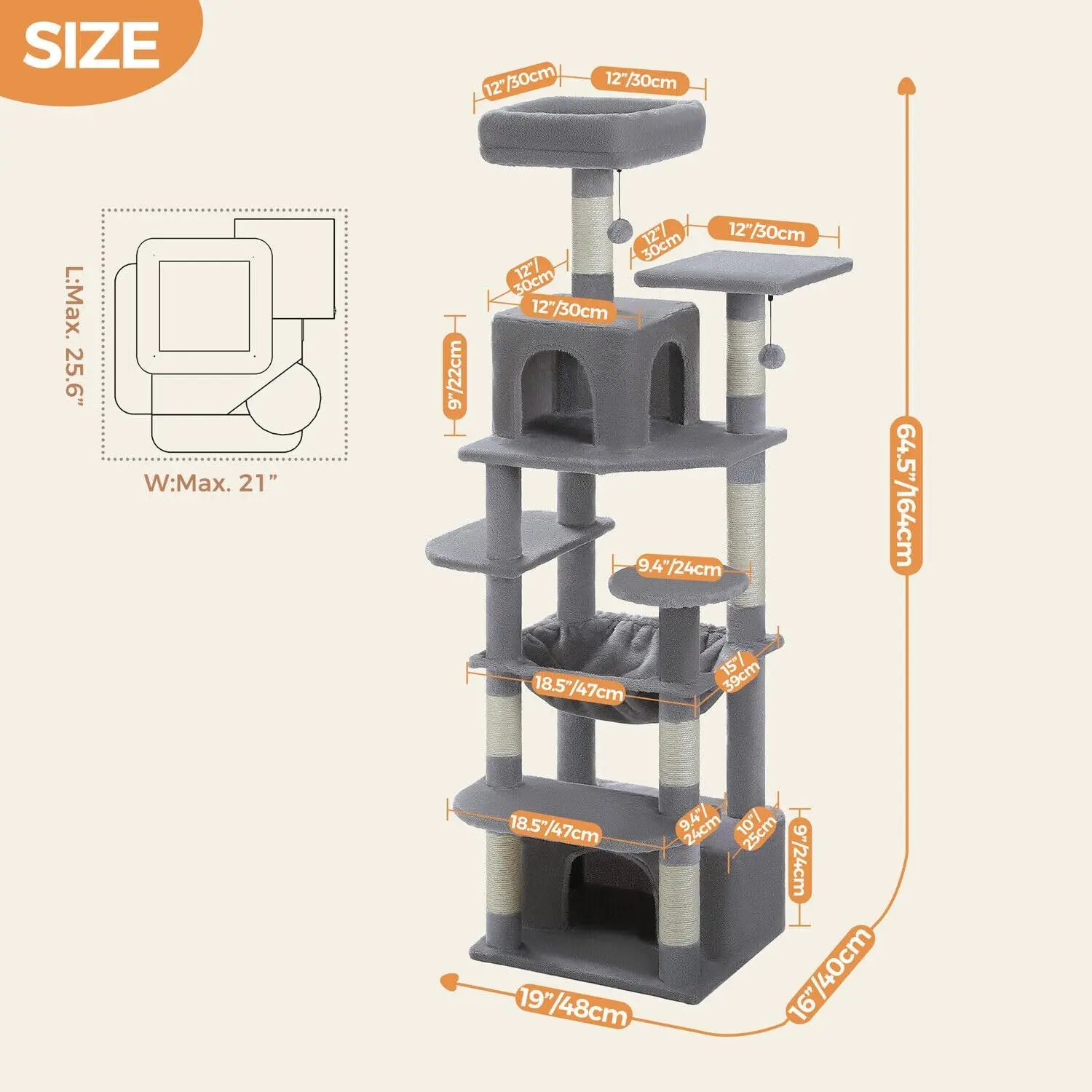 164cm Cat Tree with Sisal-Covered Posts, Dual Condos, Hammock & Top Perches
