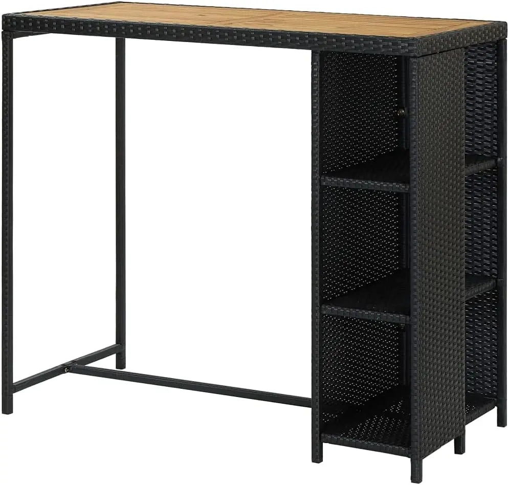 Outdoor Bar Table with 3-Tier Storage Rack – Black Rattan & Acacia Wood Top