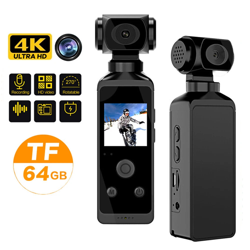 Rechargeable 4K Action Cam Compact Gimbal Recorder with WiFi, Mic, 270° Rotation Black