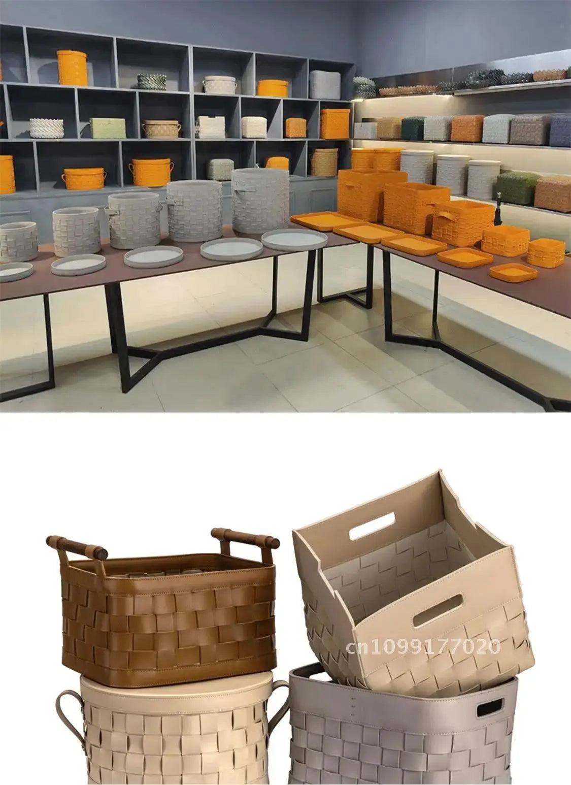 12L Leather Woven Storage Basket Round, Foldable & Soft Interior style4