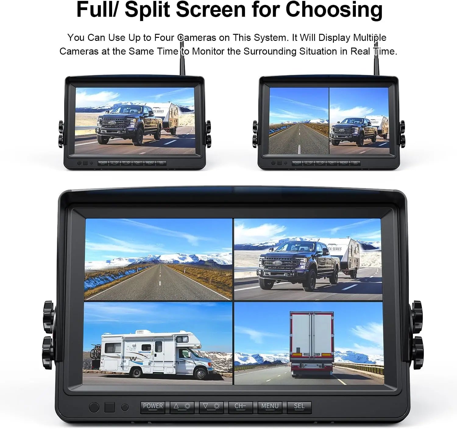 1080p Wireless 7" Quad Monitor with Side & Rear Cameras 4CAM 128G