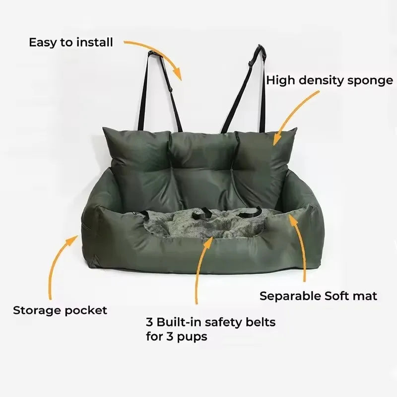 Green Waterproof Travel Dog Car Seat Bed with Safety Straps